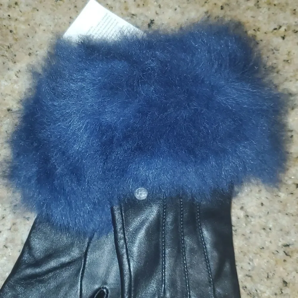 UGG Black LEATHER GLOVES  REAL FUR Blue W/ Shearling cuffs size medium
